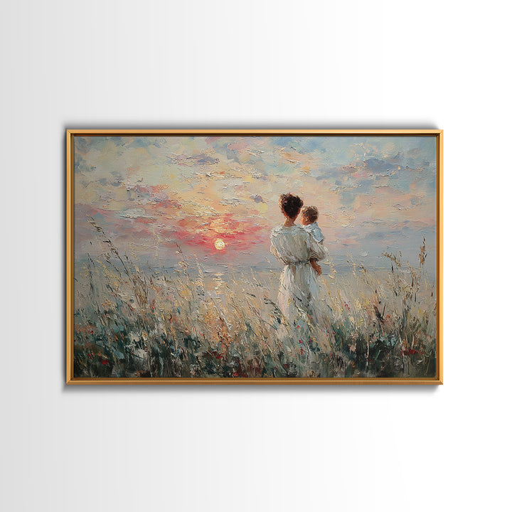 Mother And Baby Watching Ocean Sunset Canvas Print, Coastal Wall Art, Seascape Painting, Nursery Decor, Gift For Her, Bedroom Decor