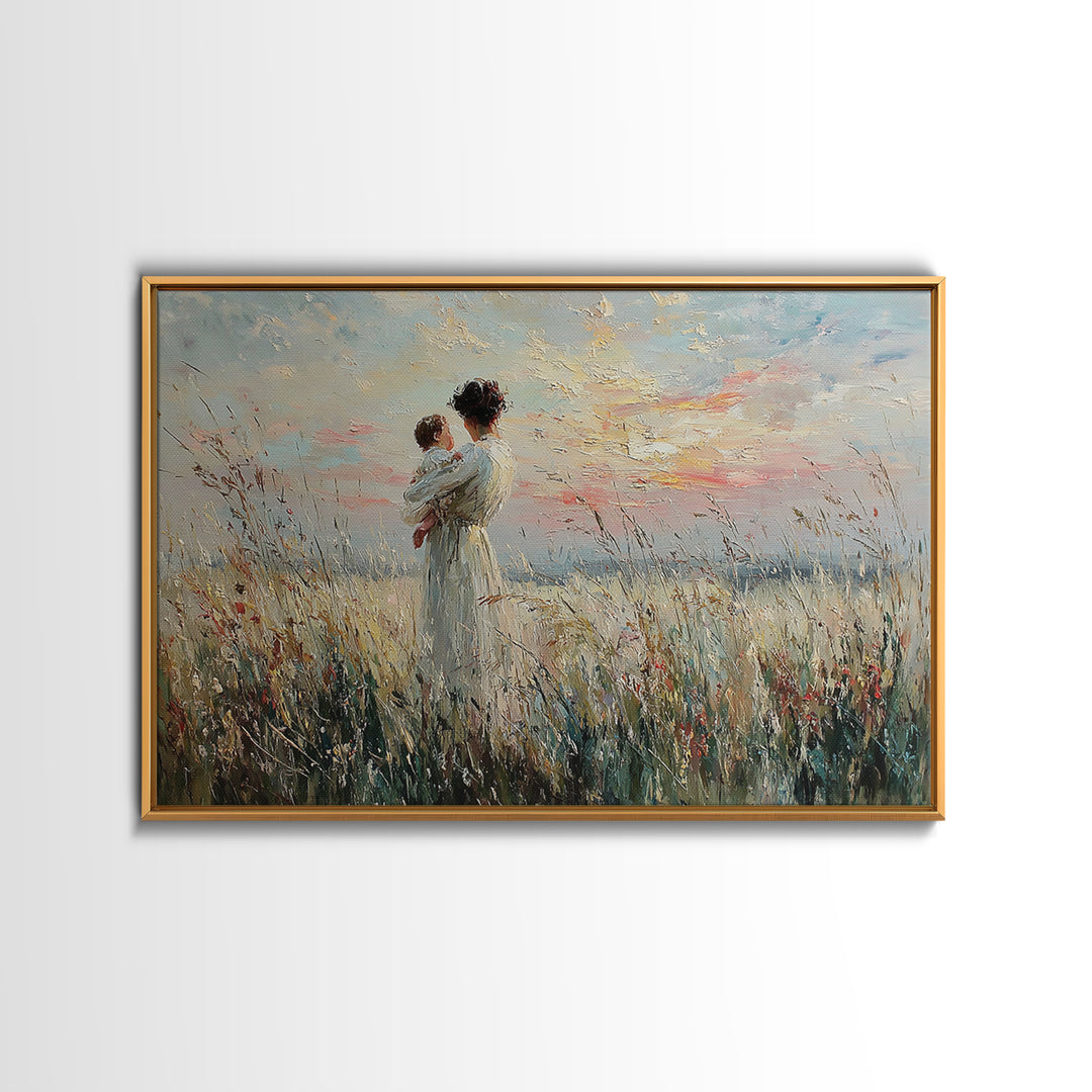 Mother Holding Baby In Wild Grass Framed Canvas Print, Coastal Wall Art, Impressionist Nursery Decor, Gift For Her, Home Decor
