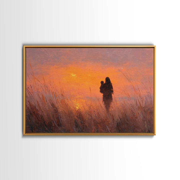 Mother And Baby Silhouette At Orange Sunset Wall Art, Warm Landscape Painting, Mothers Day Gift, Bedroom Decor, Boho Wall Decor