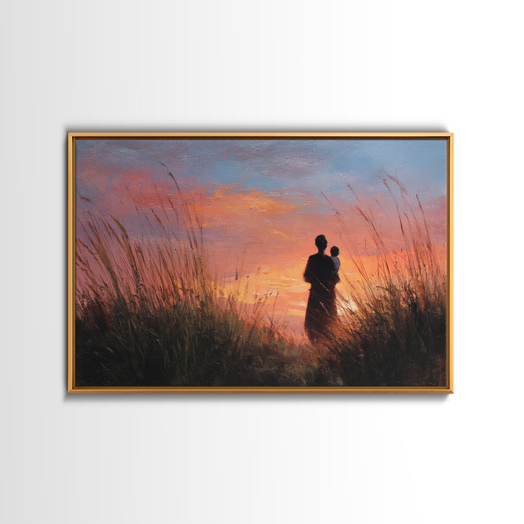 Mother And Baby Sunset Silhouette Framed Canvas Print, Moody Landscape Wall Art, Above Bed Decor, Gift For Her, Living Room Art