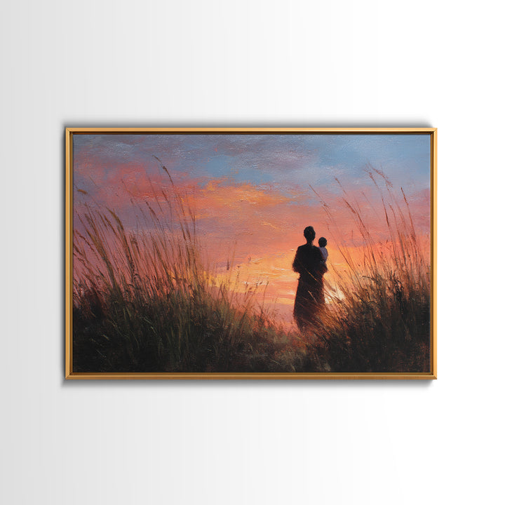 Mother And Baby Sunset Silhouette Framed Canvas Print, Moody Landscape Wall Art, Above Bed Decor, Gift For Her, Living Room Art