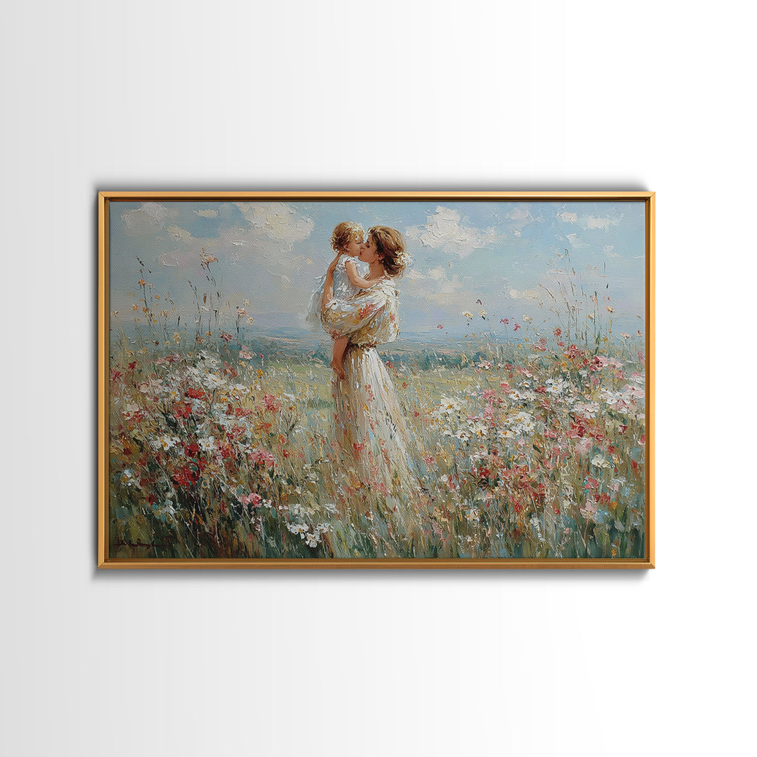 Mother Lifting Baby Among Summer Wildflowers Canvas Print, Floral Wall Art, Nursery Decor, Mothers Day Gift, Home Decor Art Print