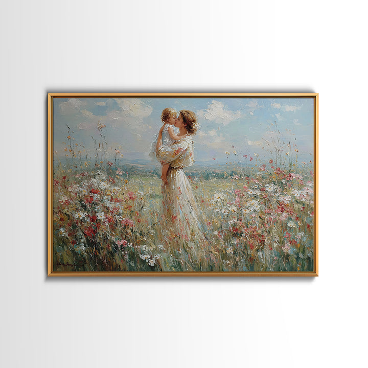 Mother Lifting Baby Among Summer Wildflowers Canvas Print, Floral Wall Art, Nursery Decor, Mothers Day Gift, Home Decor Art Print
