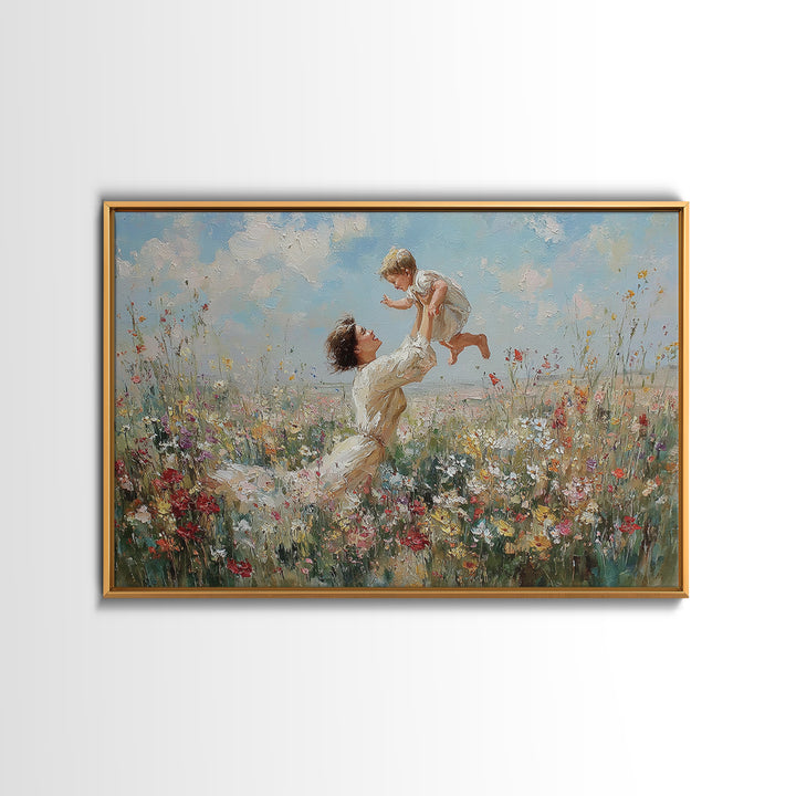 Mother Raising Baby Above White Wildflowers Framed Canvas Print, Impressionist Meadow Wall Art, Nursery Decor, Gift For Mom