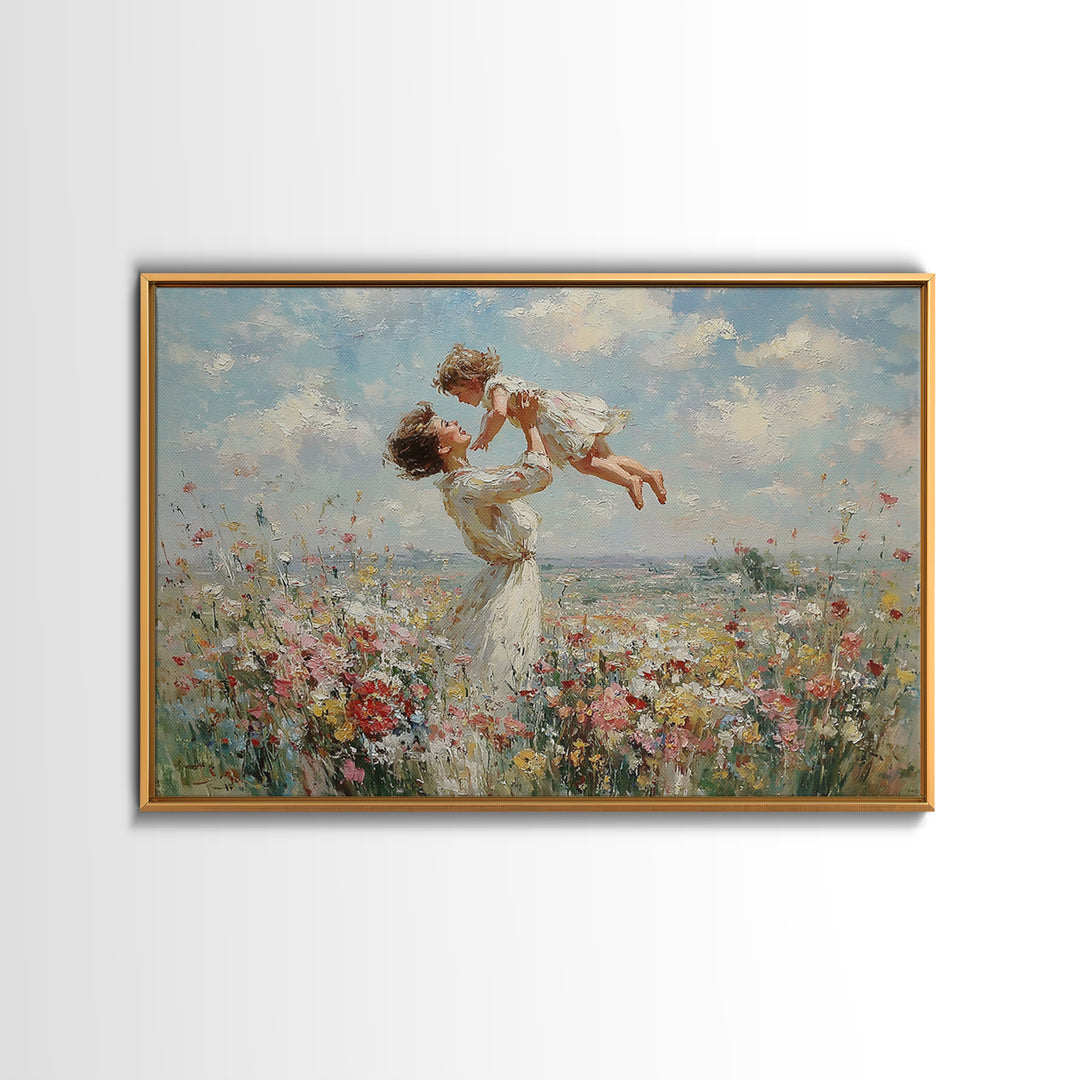 Mother Holding Child Over Blooming Meadow Wall Art, Impressionist Floral Landscape Canvas Print, Nursery Decor, Gift For Mom