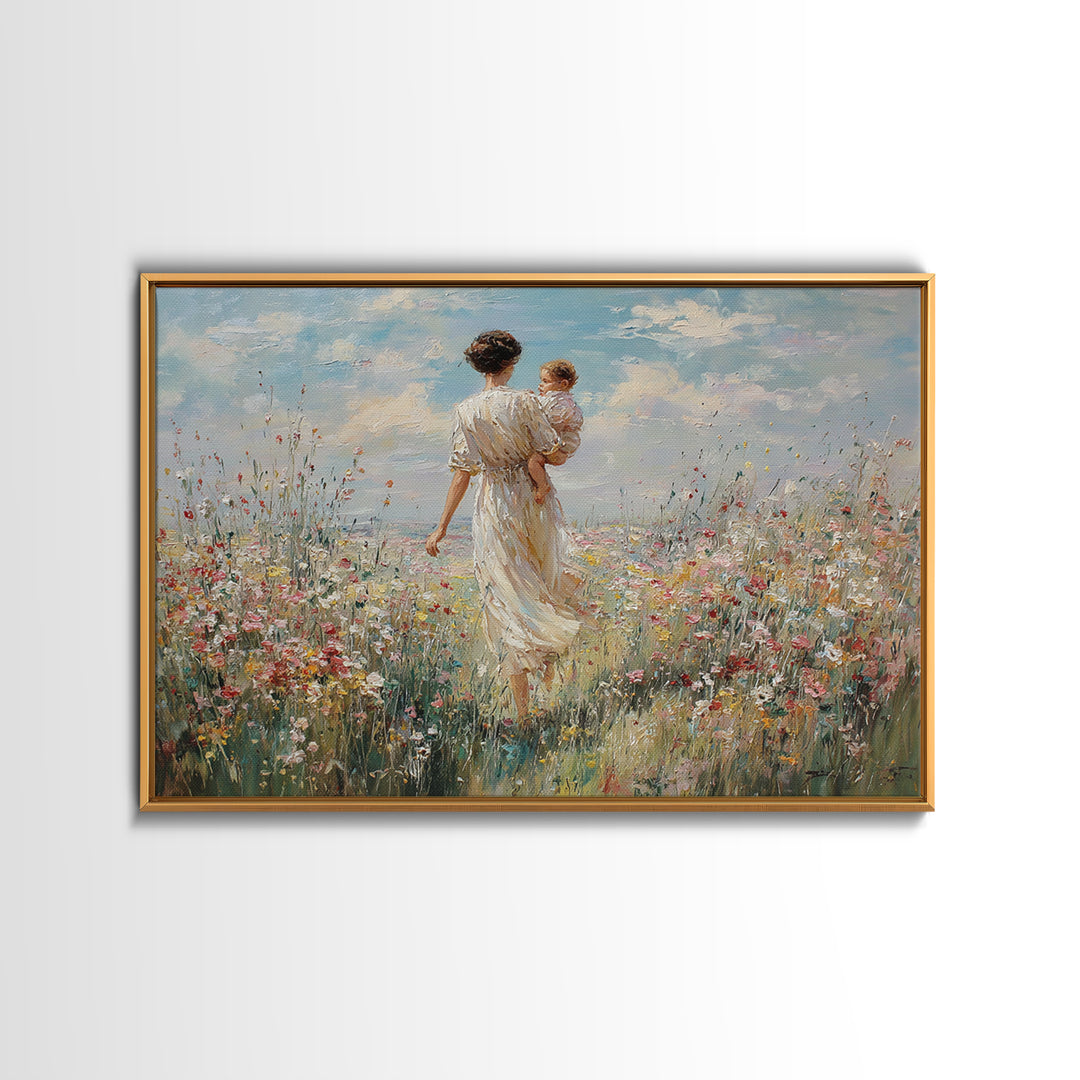 Mother Walking With Baby Through Wildflower Meadow Framed Canvas Print, Impressionist Landscape Wall Art, Nursery Decor, Gift For Mom