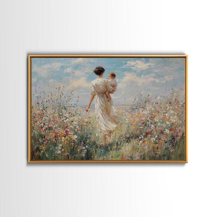 Mother Walking With Baby Through Wildflower Meadow Framed Canvas Print, Impressionist Landscape Wall Art, Nursery Decor, Gift For Mom