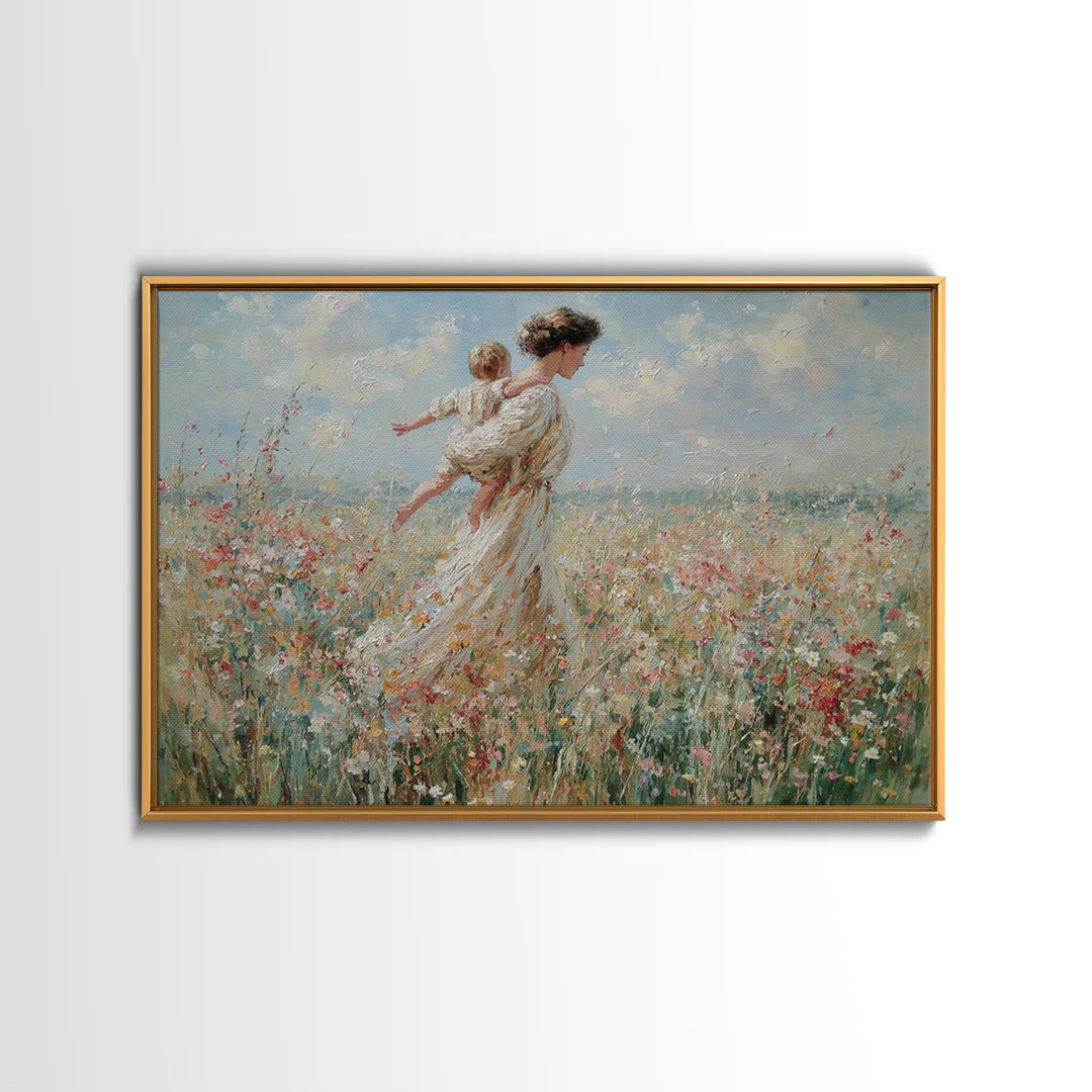 Mother Carrying Child Across Breezy Wildflower Field Wall Art, Impressionist Floral Landscape Canvas Print, Gift For Mom