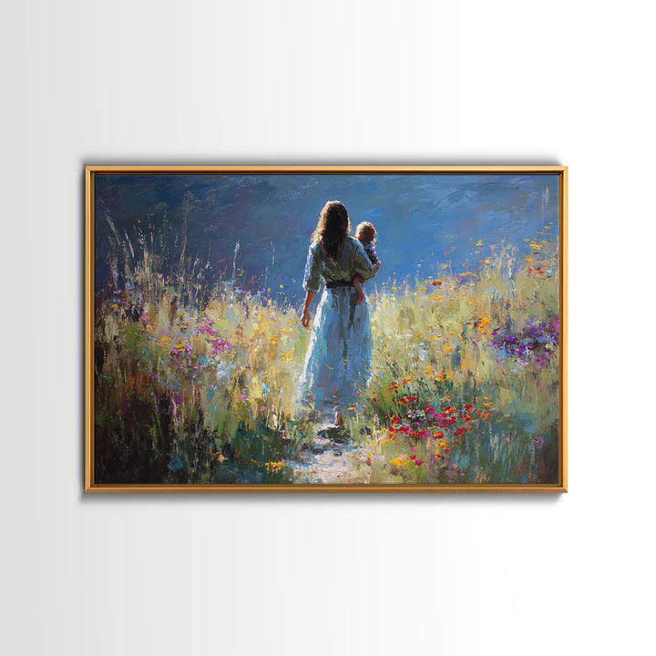 Mother And Child On Wildflower Path Wall Art, Impressionist Oil Painting Print, Feminine Nursery Decor, Gift For Mom, Living Room Decor