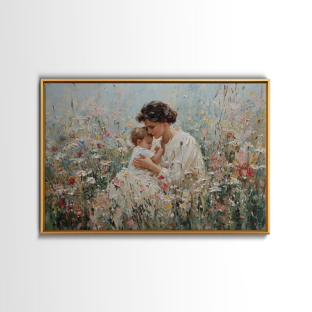 Seated Mother Cuddling Baby In Flower Field Wall Art, Impressionist Oil Painting Print, Feminine Nursery Decor, Gift For Mom