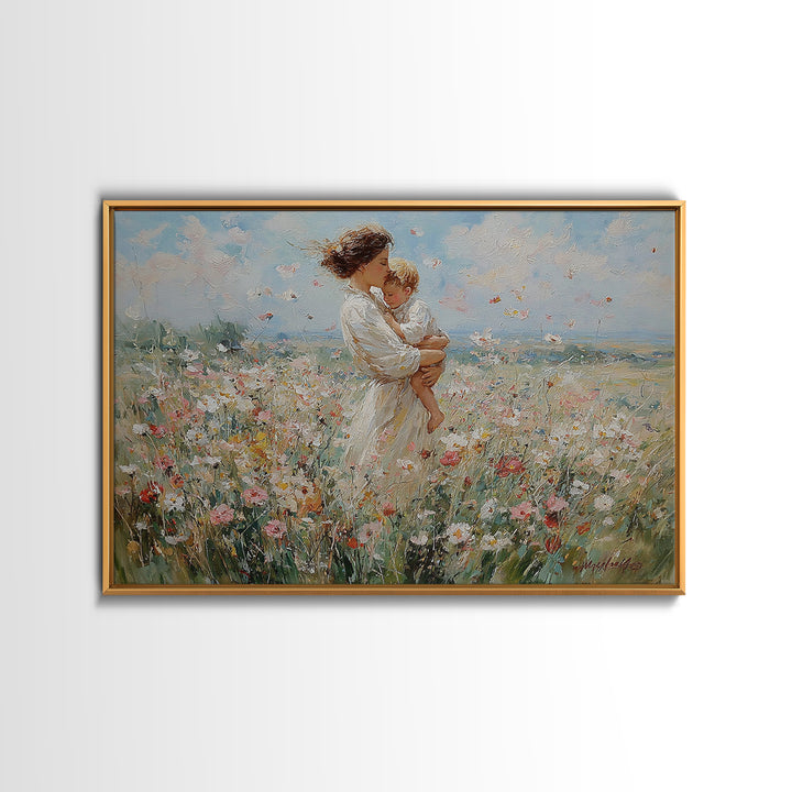 Standing Mother With Toddler In Flower Meadow Framed Canvas Print, Impressionist Landscape Painting, Nursery Wall Art, Gift For Mom