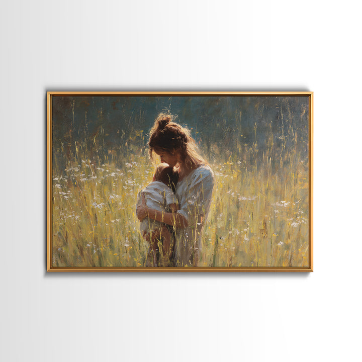 Backlit Mother Nursing Baby In Golden Grass Wall Art, Moody Impressionist Oil Painting Print, Feminine Bedroom Decor, Gift For Mom