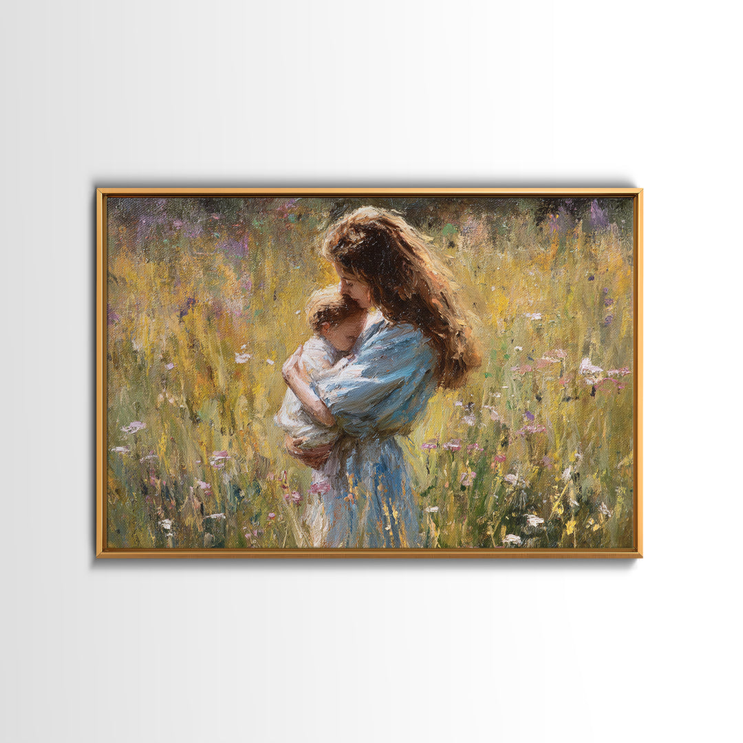 Long Haired Mother Cradling Baby In Wildflower Field Canvas Print, Impressionist Oil Painting, Feminine Wall Decor, Gift For Her