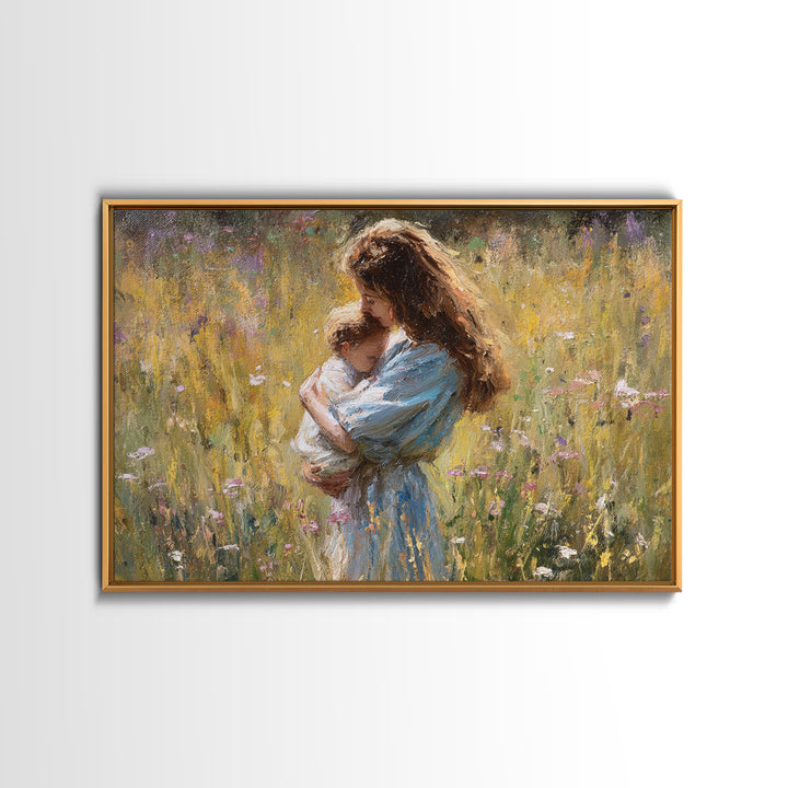 Long Haired Mother Cradling Baby In Wildflower Field Canvas Print, Impressionist Oil Painting, Feminine Wall Decor, Gift For Her