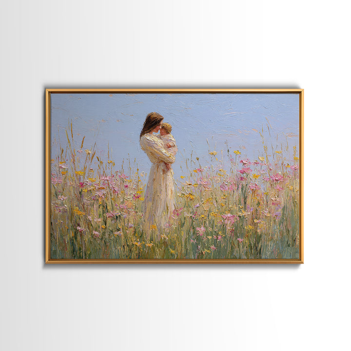 Mother Holding Baby By Wildflowers Framed Canvas Print, Soft Impressionist Painting, Nursery Wall Art, Floral Home Decor