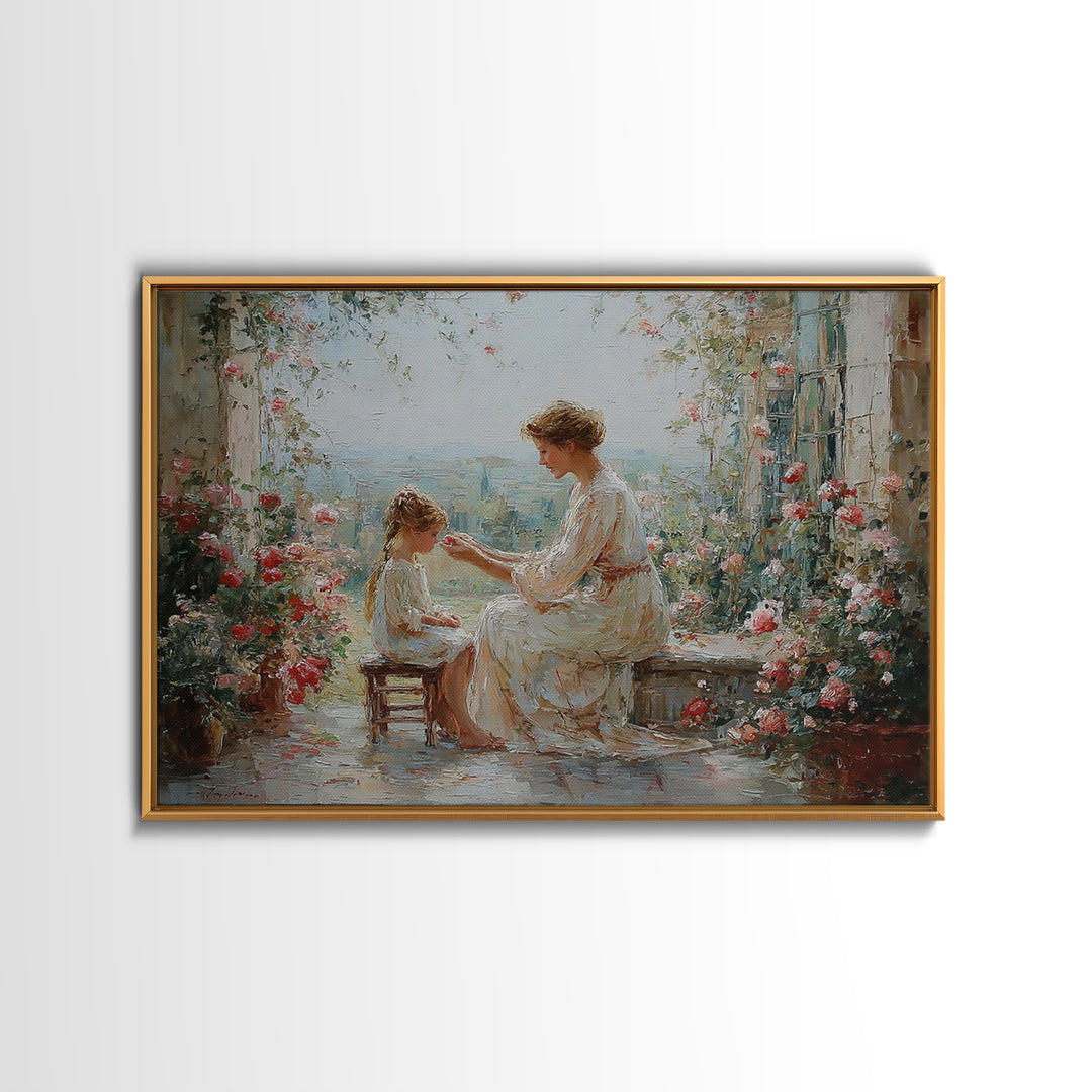 Mother And Daughter Garden Terrace Wall Art, Floral Impressionist Canvas, Nursery Decor, Gift For Mom, Bedroom Wall Decor