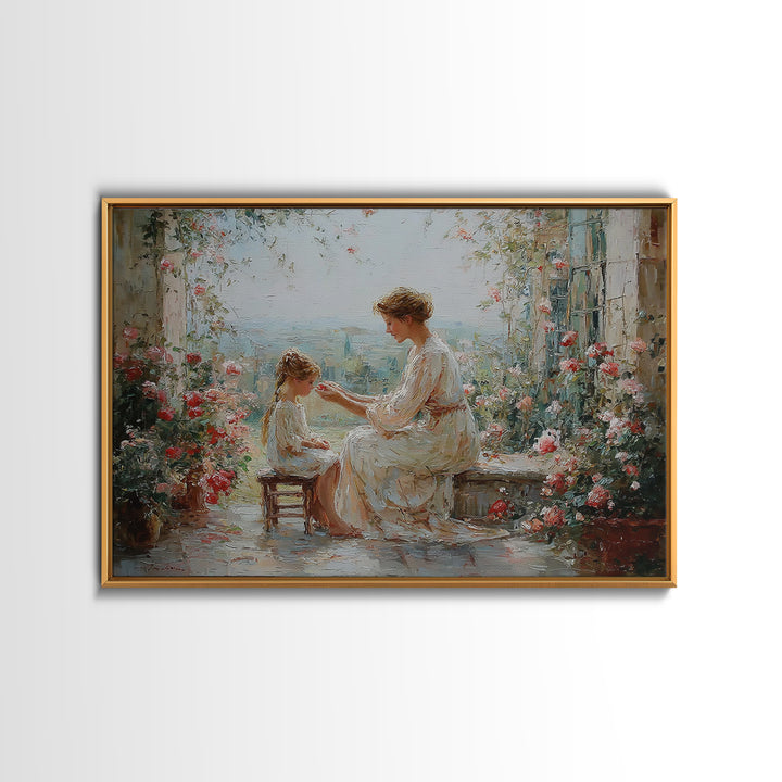 Mother And Daughter Garden Terrace Wall Art, Floral Impressionist Canvas, Nursery Decor, Gift For Mom, Bedroom Wall Decor