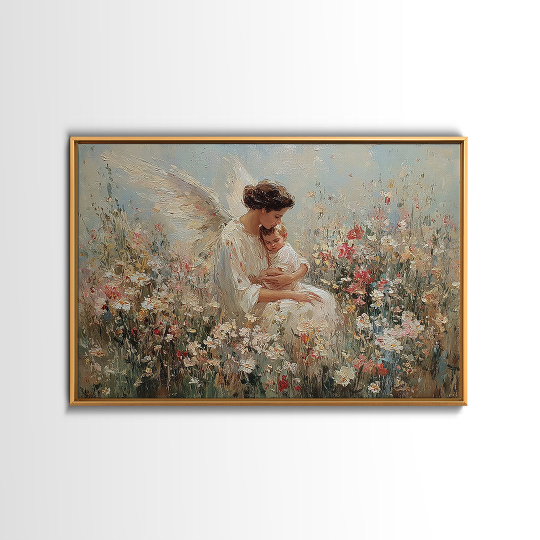Guardian Angel Holding Baby Framed Canvas Print, Floral Meadow Wall Art, Christian Nursery Decor, Baptism Gift For Mom, Newborn Gift