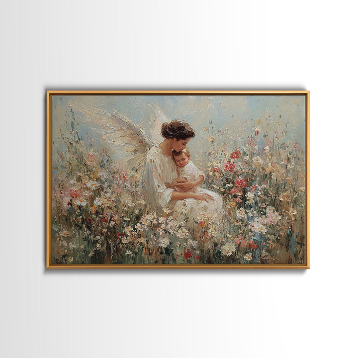 Guardian Angel Holding Baby Framed Canvas Print, Floral Meadow Wall Art, Christian Nursery Decor, Baptism Gift For Mom, Newborn Gift