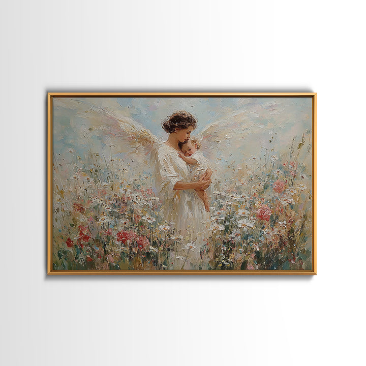 Angel Mother And Baby Wildflower Canvas Print, Christian Wall Art, Floral Nursery Decor, Baptism Gift, Peaceful Home Decor
