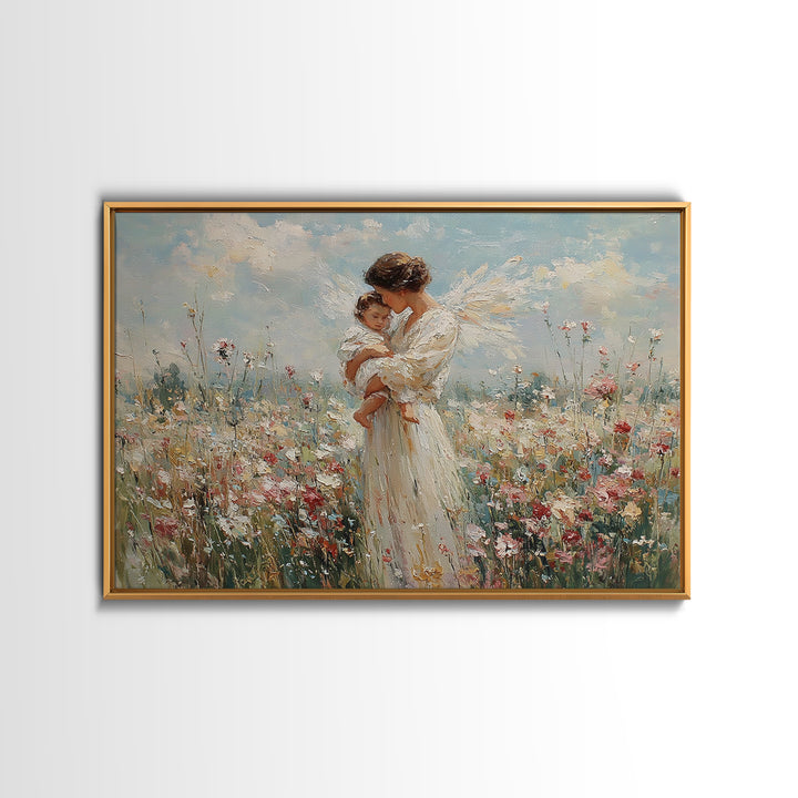 White Angel Holding Child Wall Art, Floral Meadow Canvas, Christian Nursery Decor, Baptism Gift, Guardian Angel Print For Baby Room