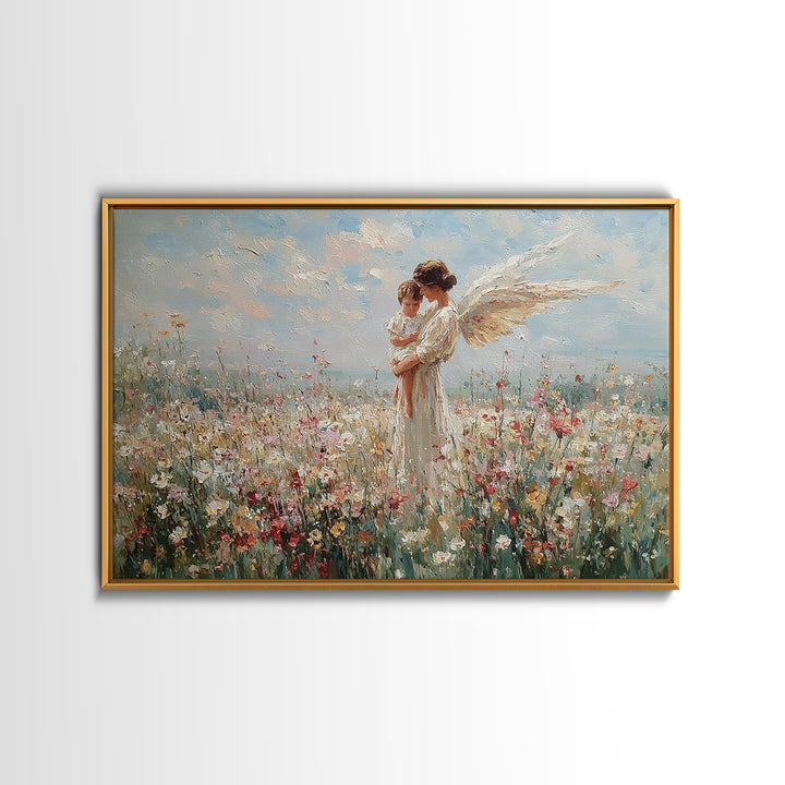 Guardian Angel And Baby Wildflower Wall Art, Christian Canvas Print, Floral Nursery Decor, Baptism Gift, Baby Shower Gift