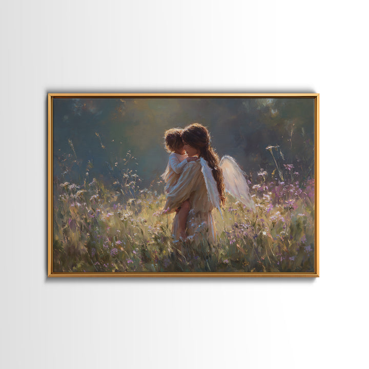 Backlit Angel Mother And Child Wall Art, Moody Wildflower Canvas Print, Christian Nursery Decor, Guardian Angel Gift For Mom