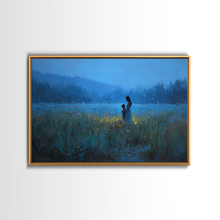 Blue Twilight Mother And Child Firefly Meadow Wall Art, Moody Landscape Canvas Print, Nursery Decor, Gift For Mom, Bedroom Wall Decor