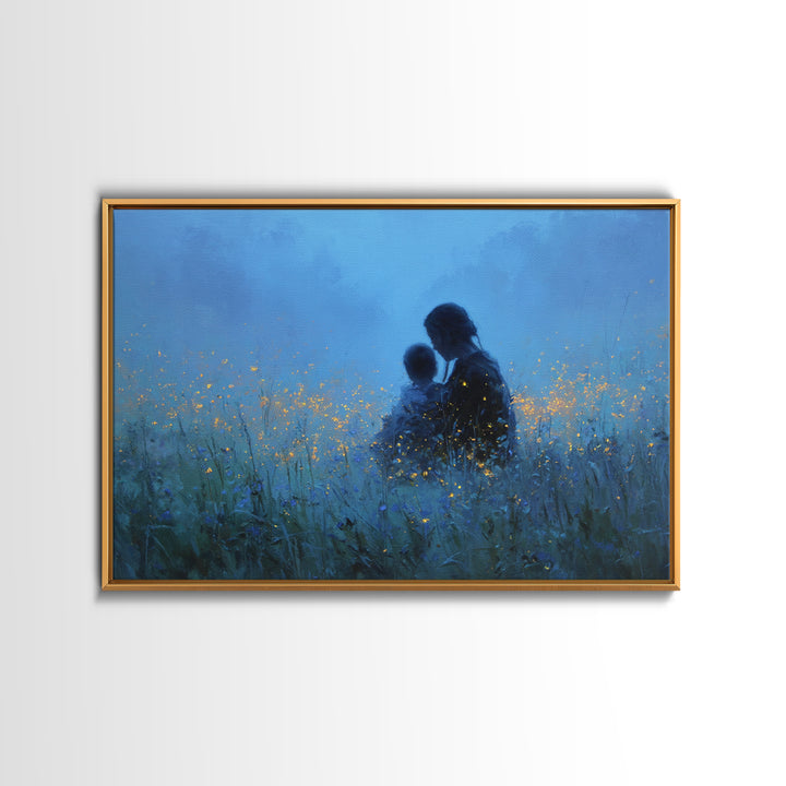 Mother And Baby In Blue Firefly Meadow Wall Art, Moody Nursery Canvas Print, Peaceful Bedroom Decor, Gift For Mom, Newborn Gift