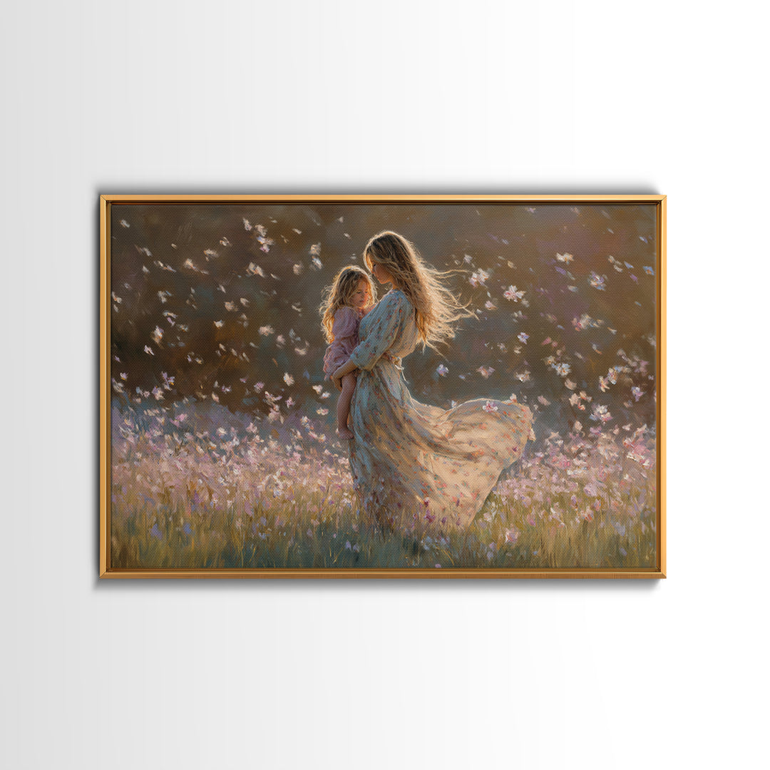 Sunlit Mother And Child Flower Field Canvas Print, Floral Wall Art, Feminine Bedroom Decor, Gift For Mom, Boho Home Decor