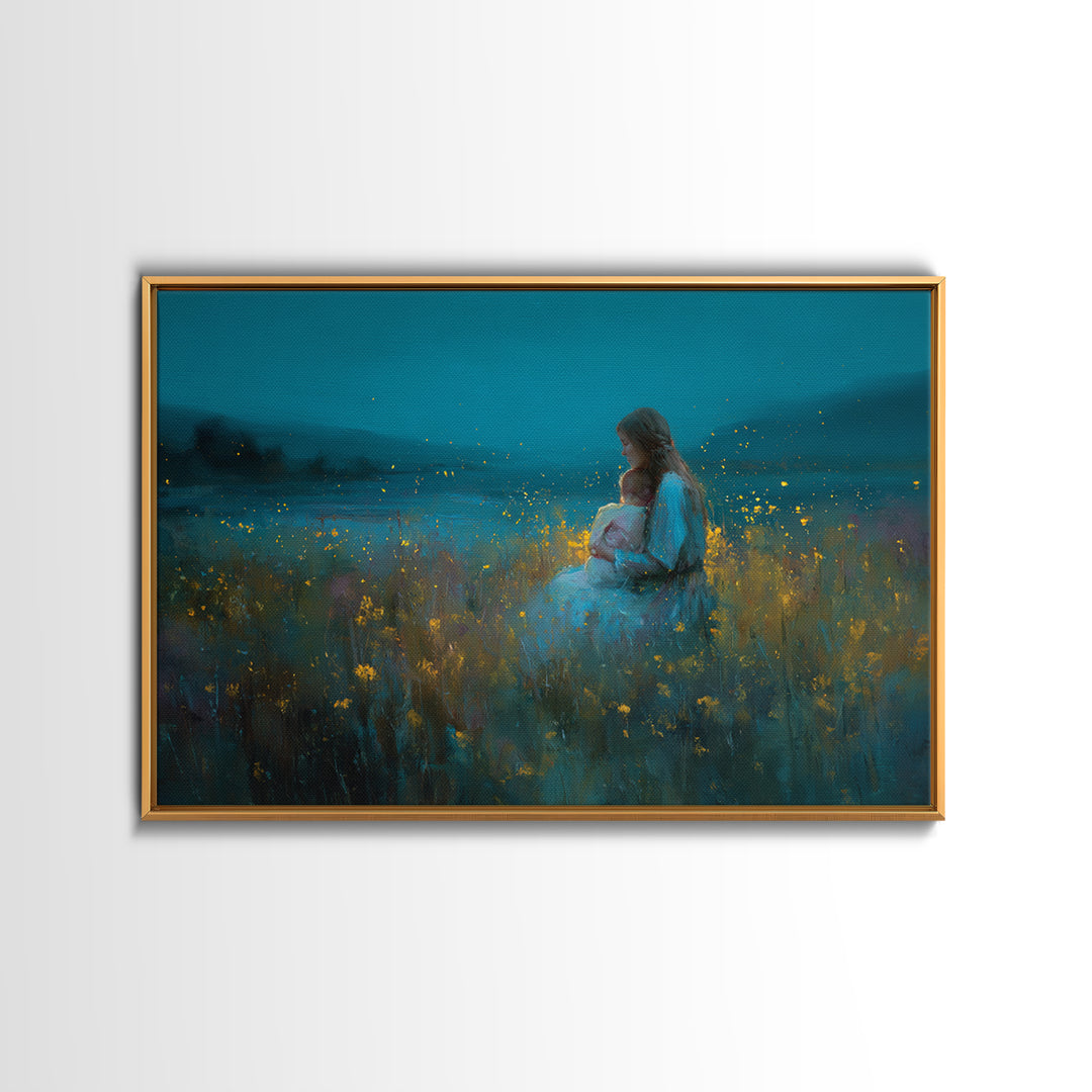 Twilight Mother And Baby In Firefly Meadow Wall Art, Floral Nursery Decor, Motherhood Gift, Living Room Art, Fine Art Print