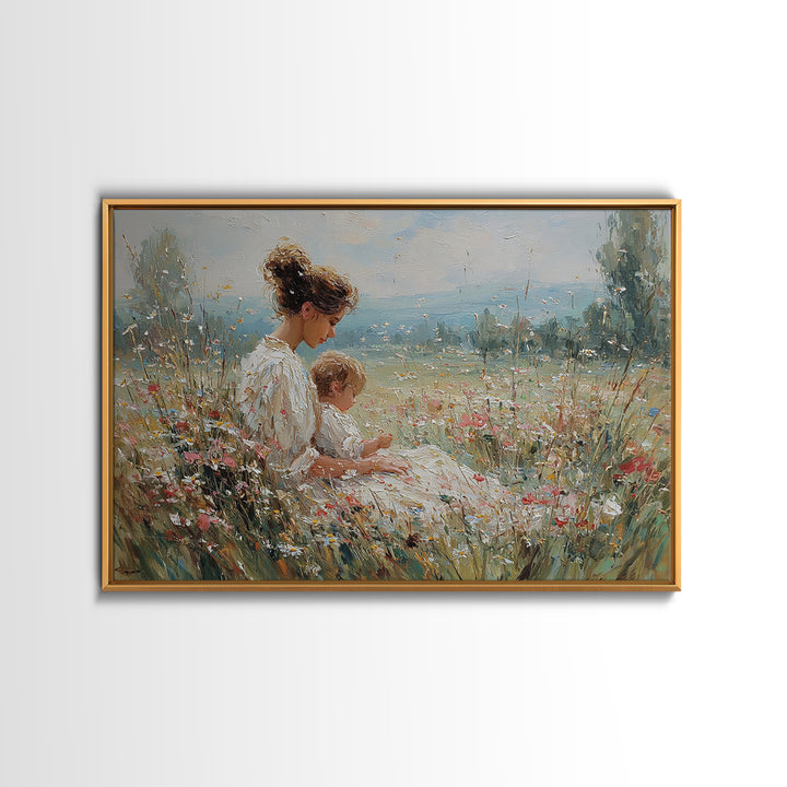 Seated Mother And Child In Sunlit Meadow Wall Art, Impressionist Floral Canvas, Nursery Decor, Housewarming Gift, Living Room Decor