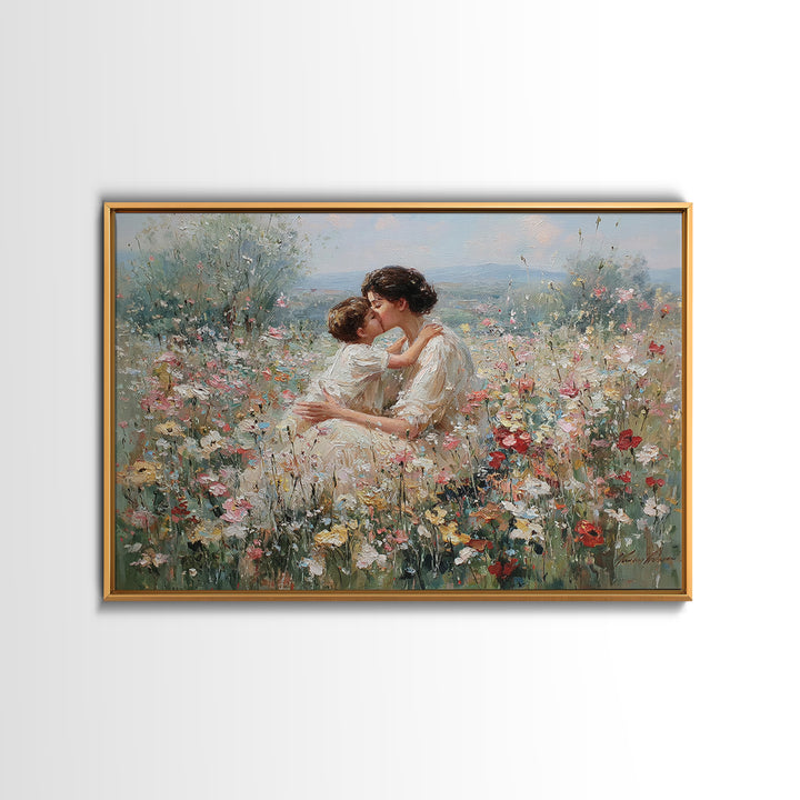 Mother Kissing Child In Romantic Wildflower Field Framed Canvas Print, Floral Wall Art, Feminine Decor, Gift For Her, Nursery Wall Art