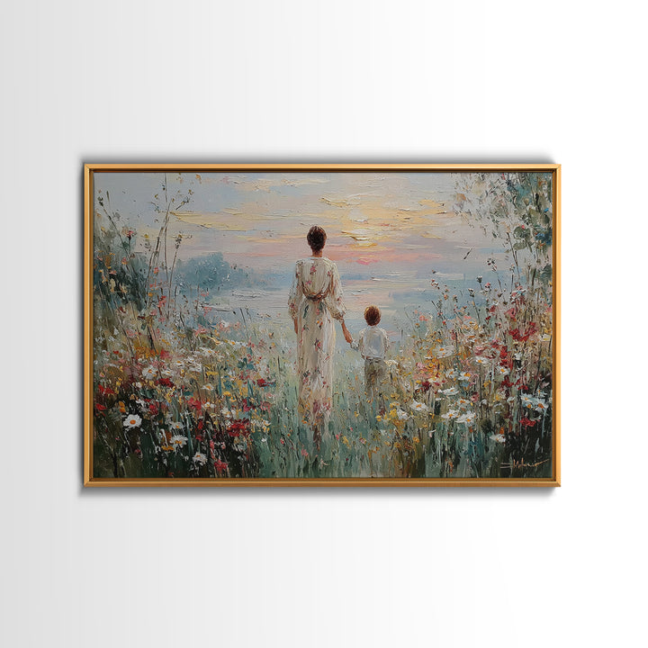 Mother And Child Walking To Lake At Sunset Framed Canvas Print, Wildflower Wall Art, Coastal Decor, Housewarming Gift, Living Room Art
