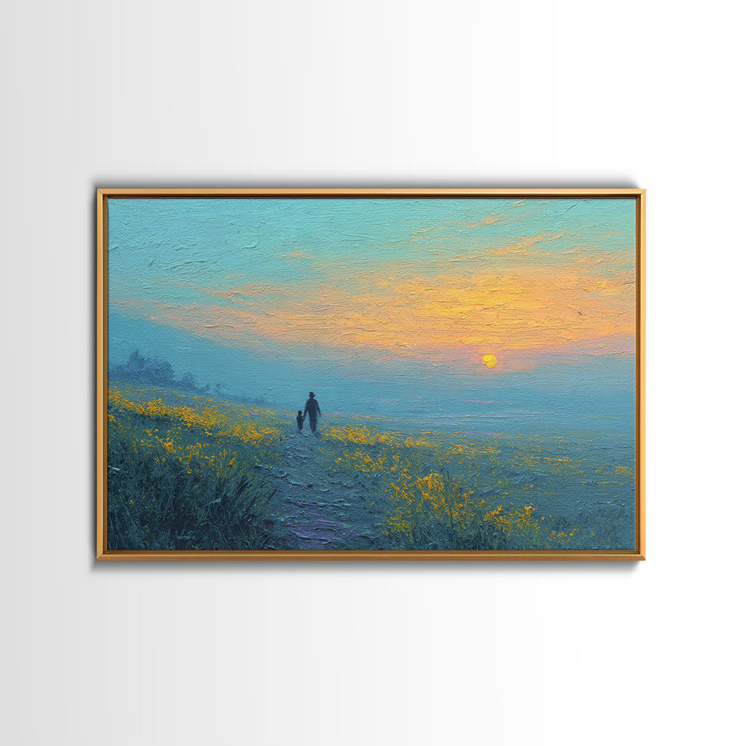 Parent And Child Sunset Path Canvas Print, Blue Yellow Wildflower Meadow Landscape, Calming Wall Art, Gift For Mom, Living Room Decor