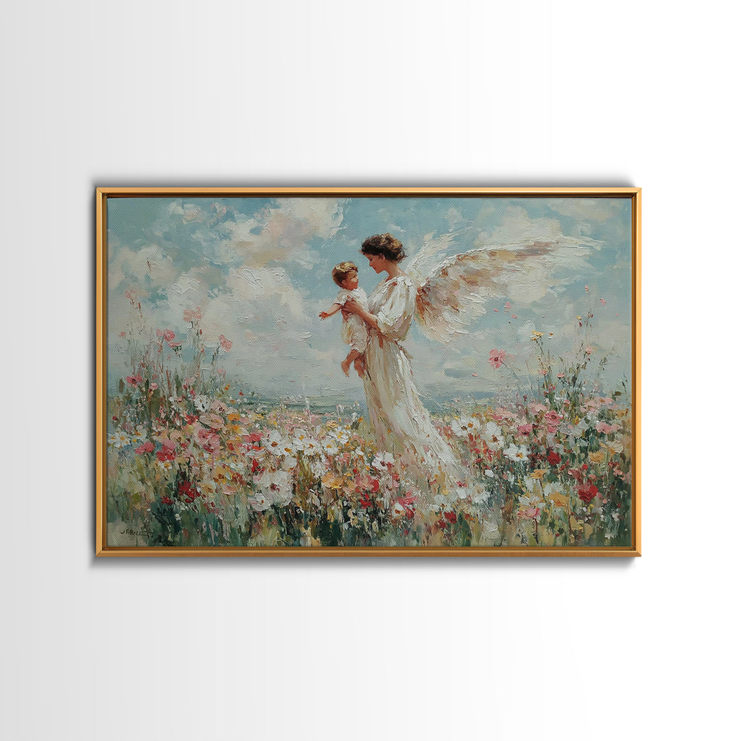 Guardian Angel Holding Child Framed Canvas Print, Heavenly Wildflower Meadow Painting, Christian Wall Art, Nursery Decor Gift