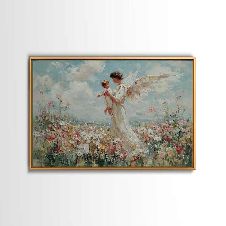 Guardian Angel Holding Child Framed Canvas Print, Heavenly Wildflower Meadow Painting, Christian Wall Art, Nursery Decor Gift