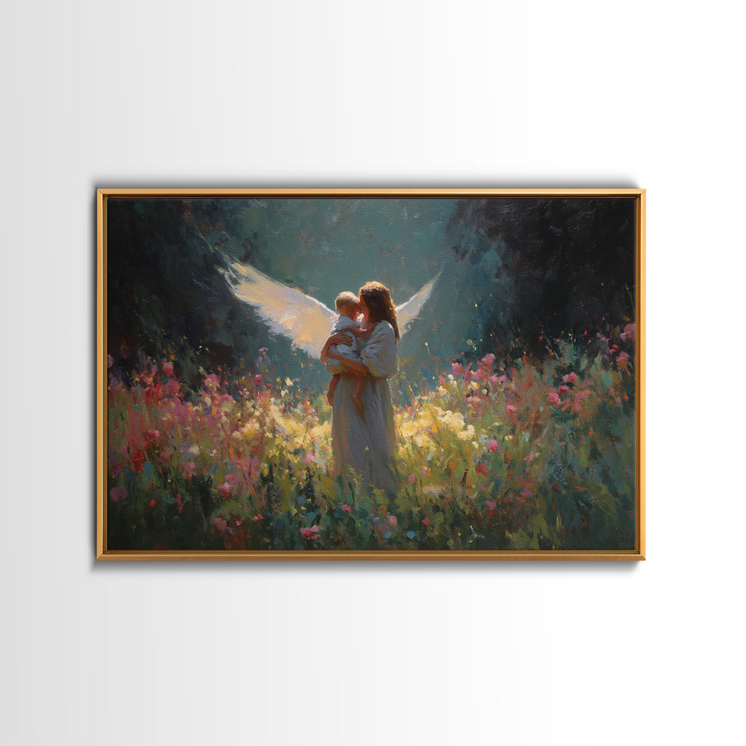 Glowing Guardian Angel And Child Wall Art, Dark Floral Meadow Painting, Christian Nursery Decor, Spiritual Gift For Mom, Home Decor