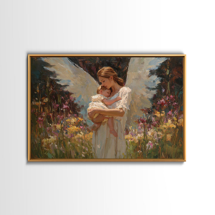 Angel Mother Cradling Baby In Garden Canvas Print, Soft White Wings Floral Painting, Christian Nursery Wall Art, Gift For Mom