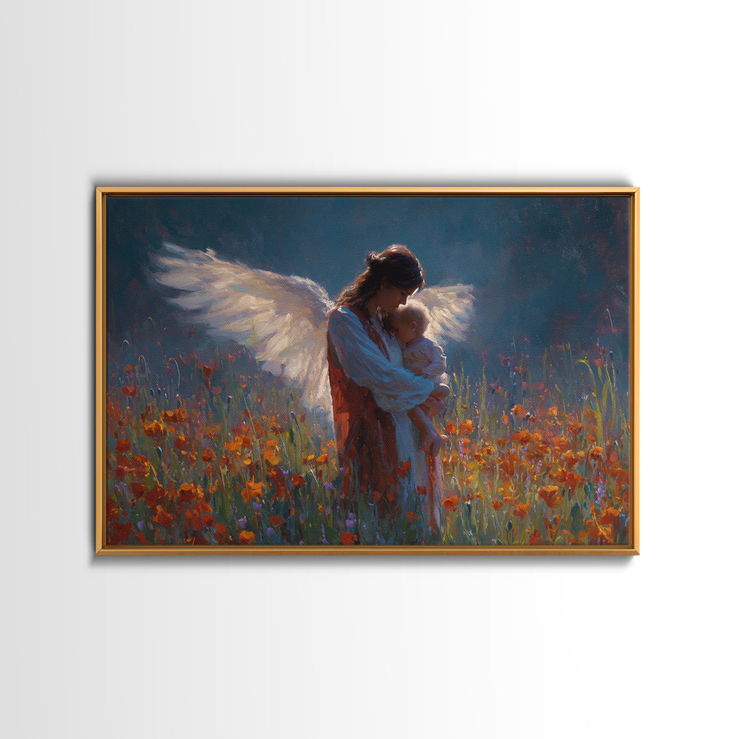 Angel Mother Holding Baby In Poppy Meadow Wall Art, Dark Blue Floral Painting, Christian Nursery Decor, Spiritual Gift For Mom