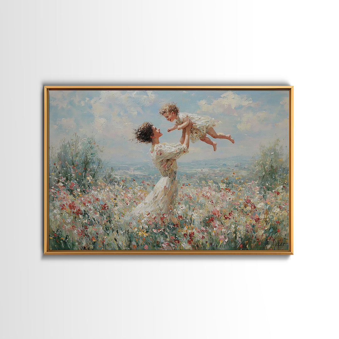 Mother Lifting Baby In Soft Floral Meadow Wall Art, Impressionist Oil Painting, Feminine Nursery Decor, Baby Shower Gift