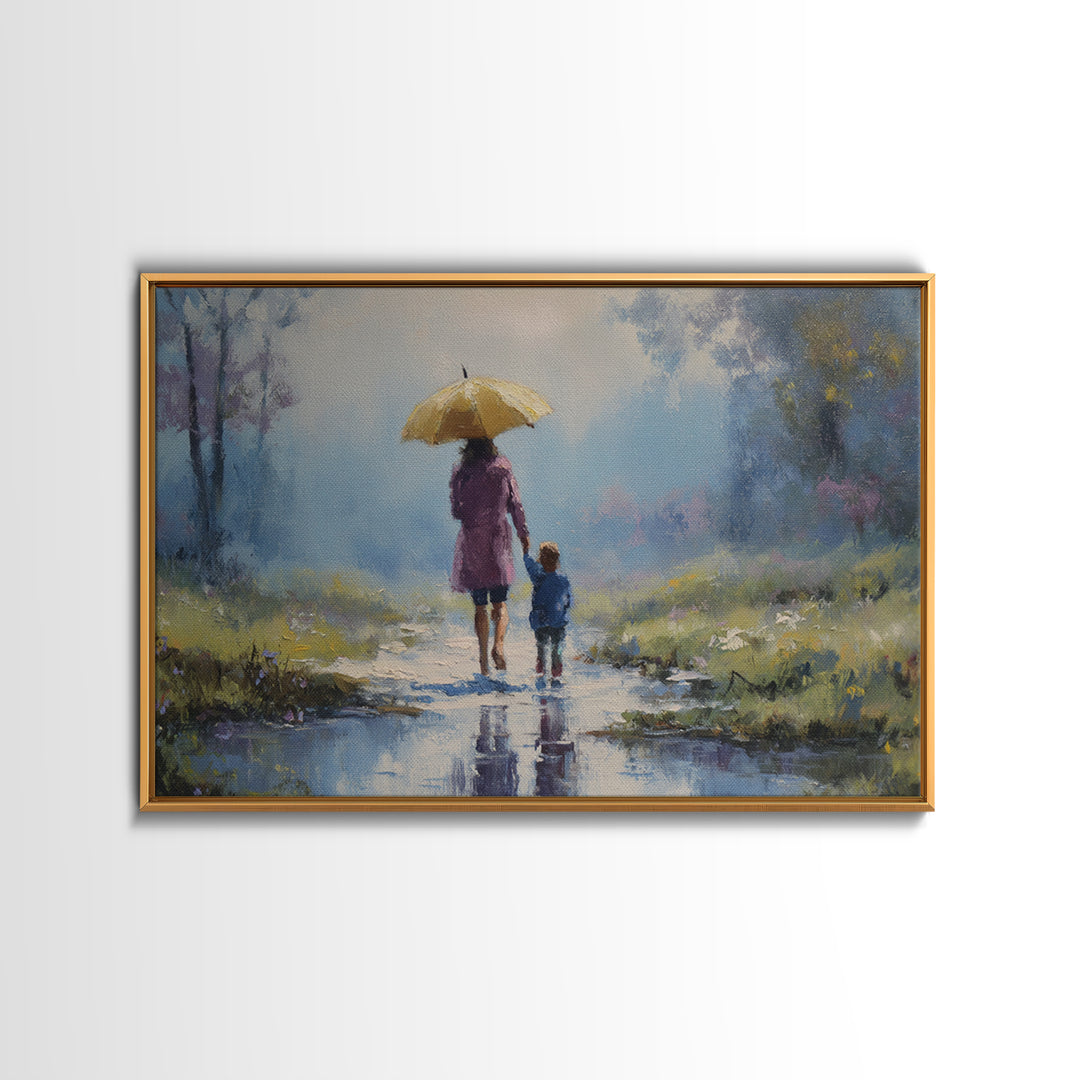 Mother And Child With Yellow Umbrella Rainy Path Canvas Print, Impressionist Landscape Art, Cozy Nursery And Bedroom Decor