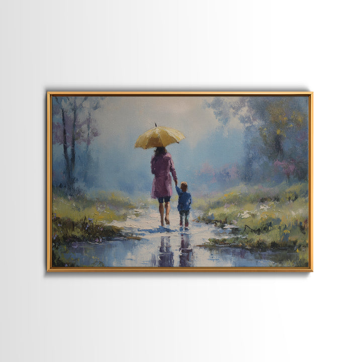 Mother And Child With Yellow Umbrella Rainy Path Canvas Print, Impressionist Landscape Art, Cozy Nursery And Bedroom Decor