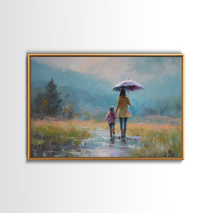 Mother And Child Walking With Umbrella Meadow Wall Art, Misty Mountain Landscape Print, Peaceful Nature Decor, Gift For Mom