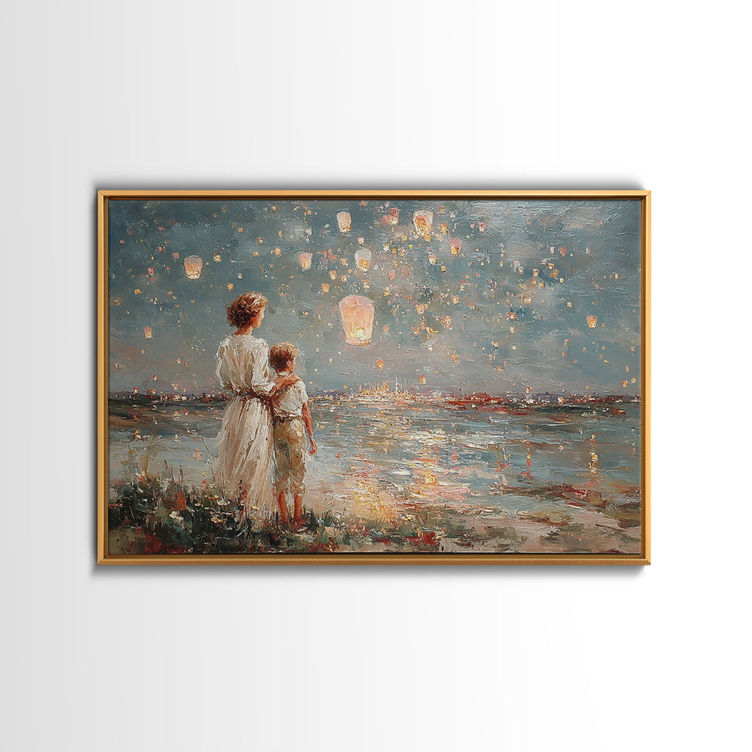 Mother And Son Watching Floating Lanterns Over Water Wall Art, Impressionist Night Lake Print, Romantic Coastal Home Decor