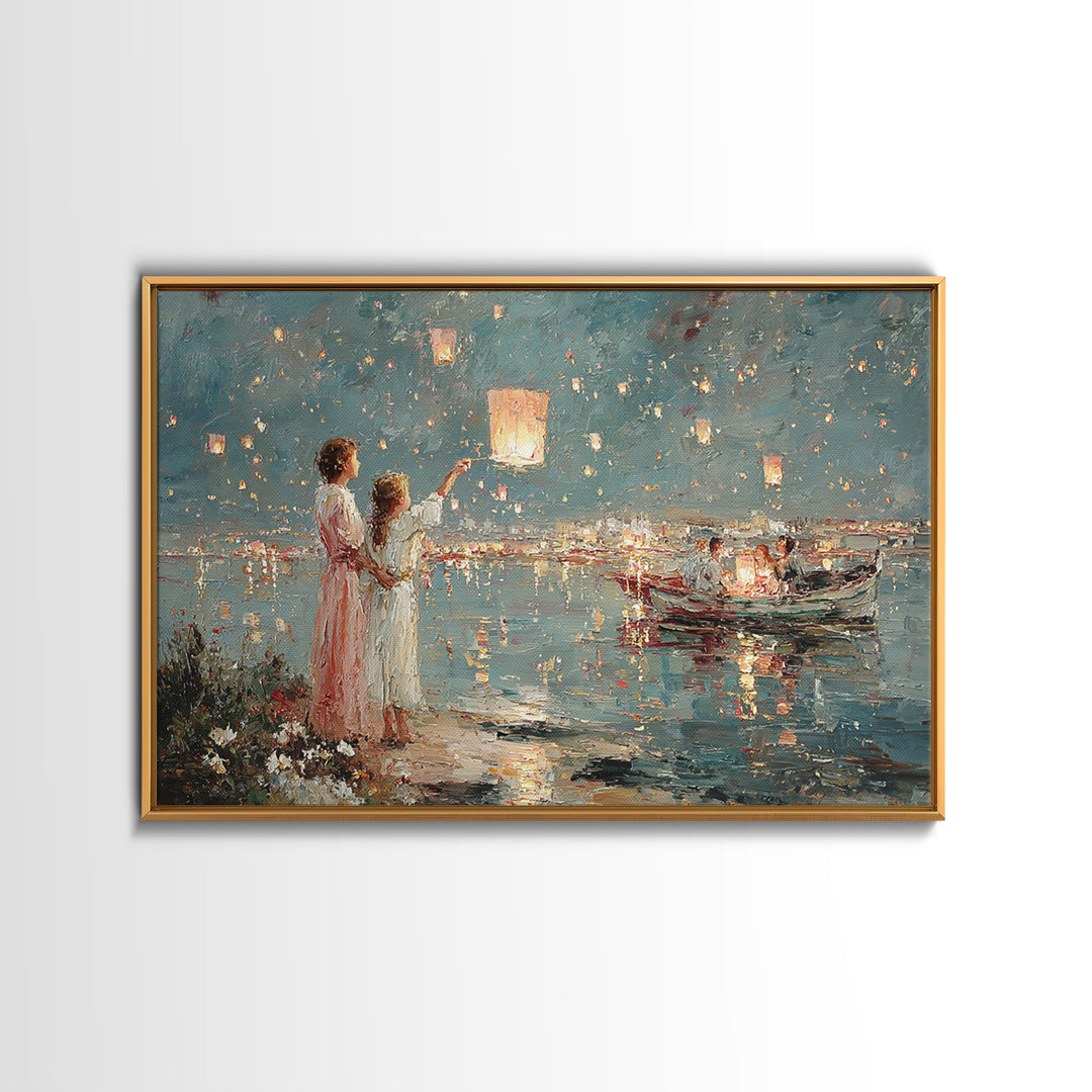 Mother And Daughter Releasing Sky Lanterns By Lake Canvas Print, Impressionist Coastal Night Art, Living Room Wall Decor
