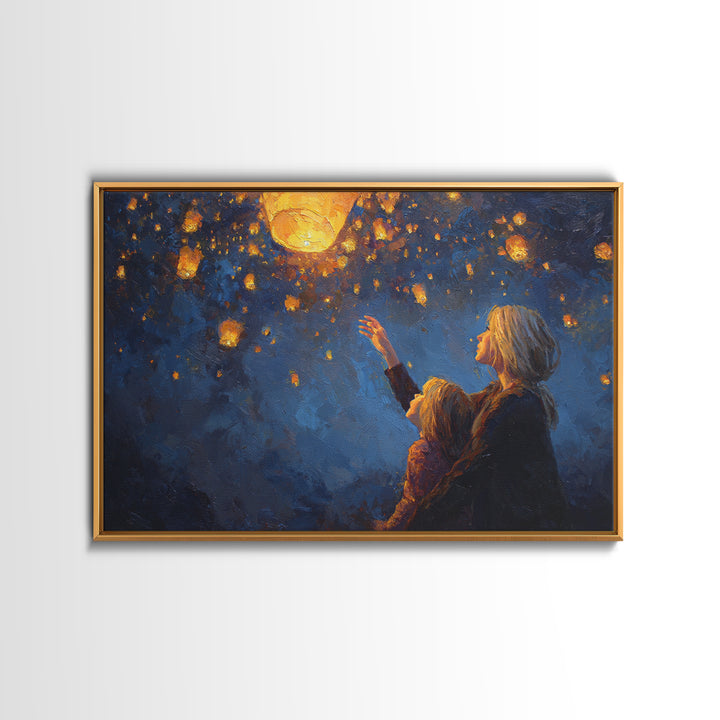 Mother And Child Reaching For Glowing Sky Lantern Canvas Print, Starry Night Wall Art, Celestial Nursery Decor, Gift For Mom