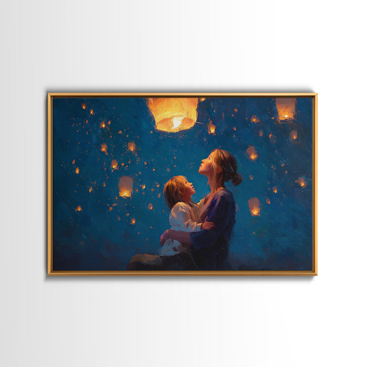 Mother And Child Sky Lanterns At Night Framed Canvas Print, Blue Celestial Wall Art, Nursery Decor, Gift For Mom, Bedroom Decor