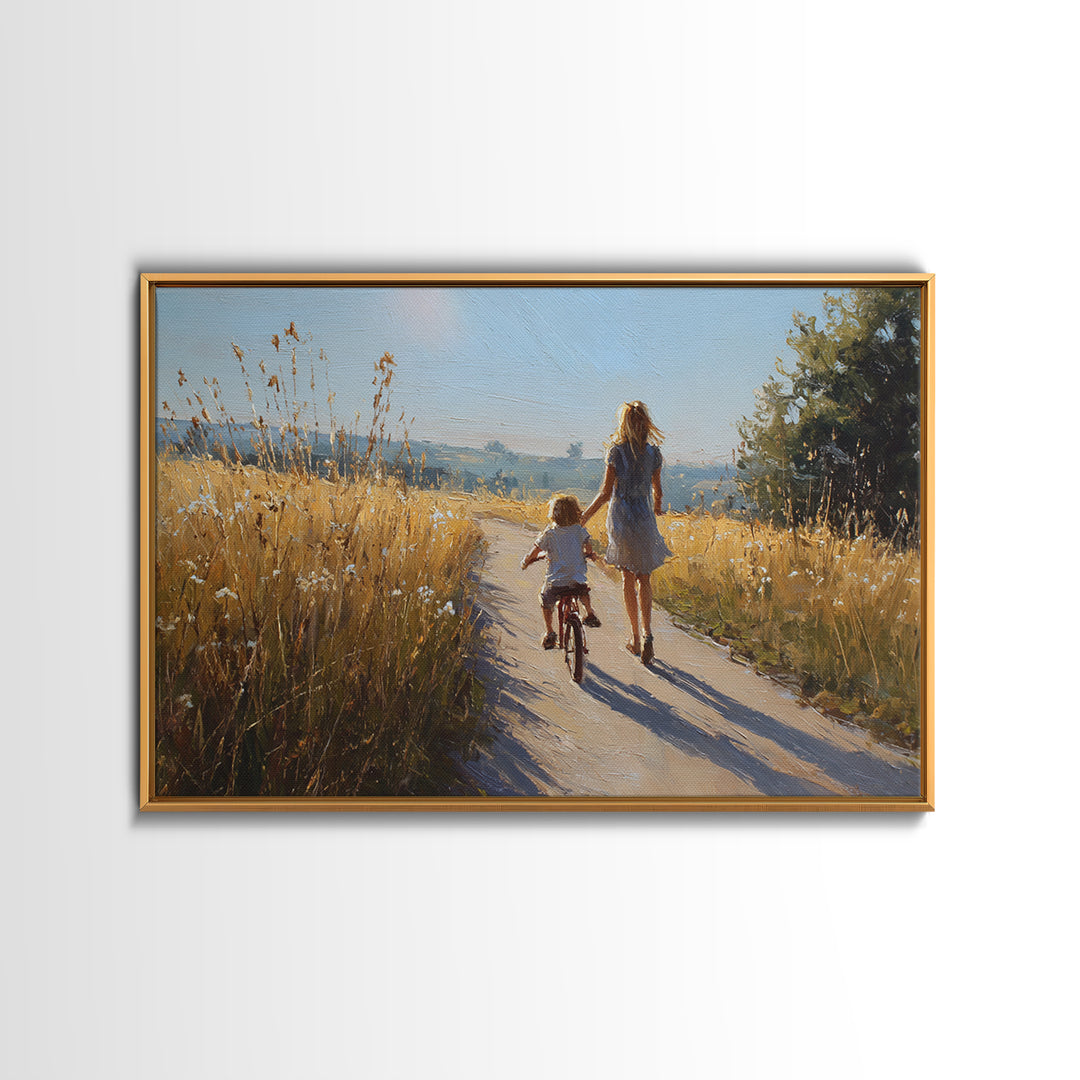 Mother And Child Bike Ride Through Wheat Fields Framed Canvas Print, Summer Landscape Wall Art, Gift For Mom, Home Decor