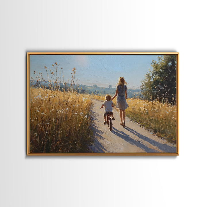 Mother And Child Bike Ride Through Wheat Fields Framed Canvas Print, Summer Landscape Wall Art, Gift For Mom, Home Decor